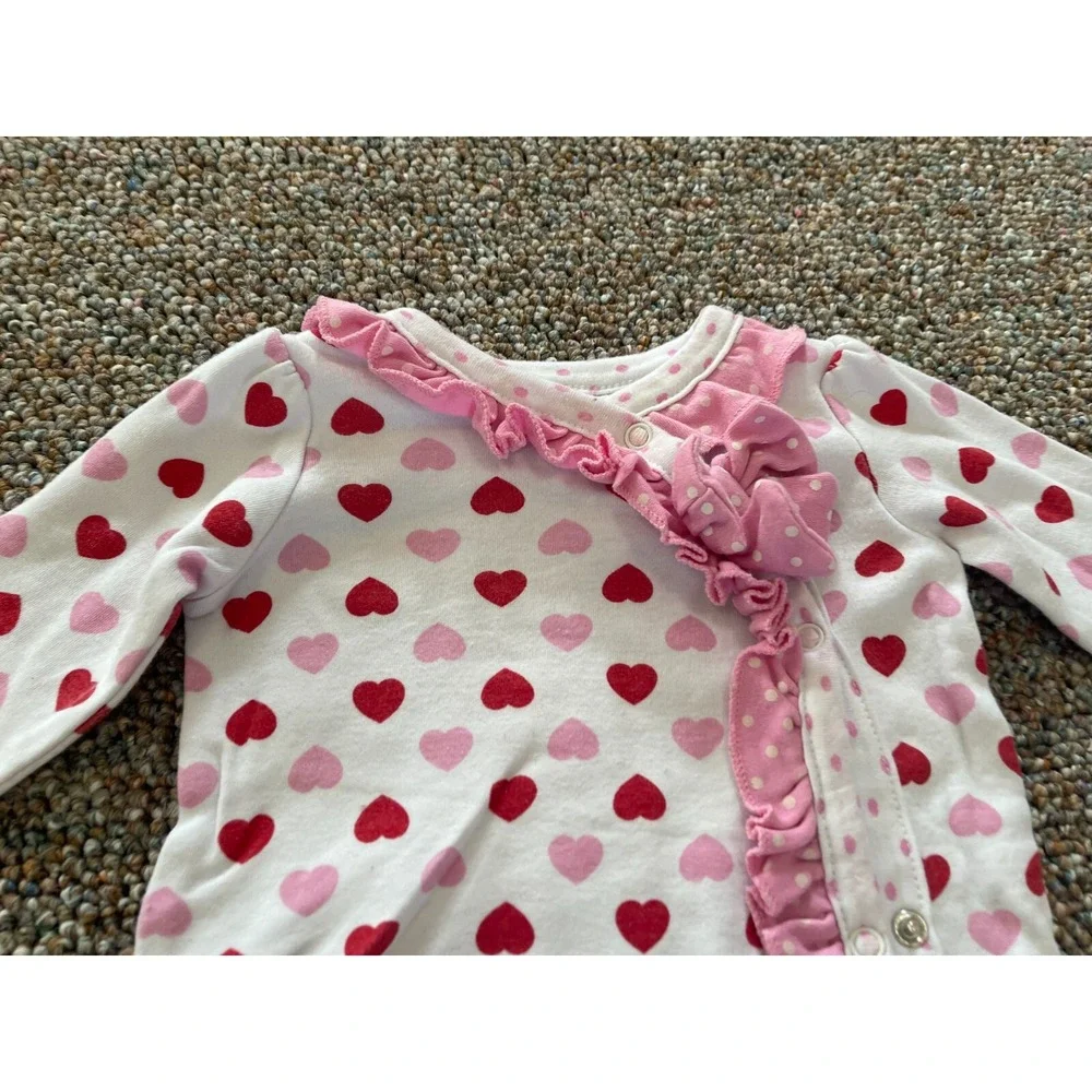 Baby Essentials Heart Patterned Footed Sleeper Pink Red Ruffle 6M